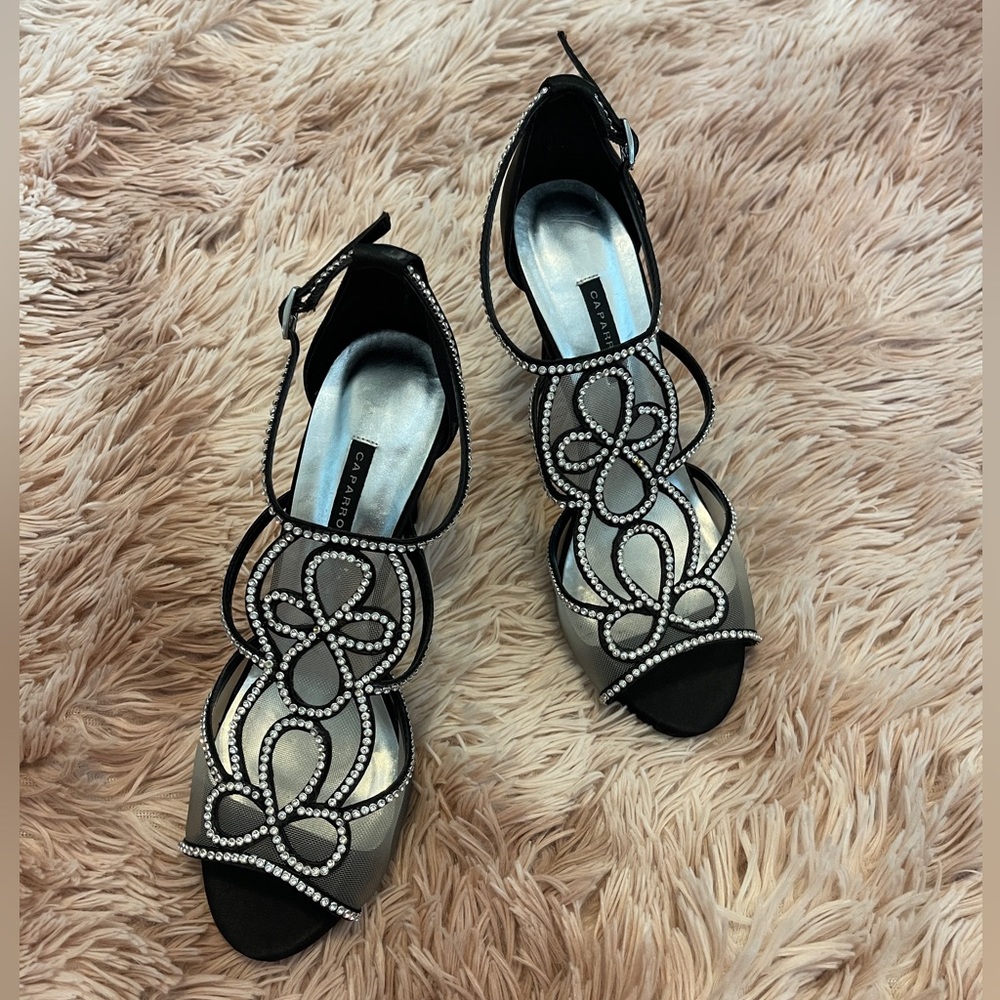 Caparros Black Strappy Heels w/ Rhinestones | US Women's Size 9 1/2
